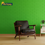 Chair and small table against a green brick wall with PikNpay logo.